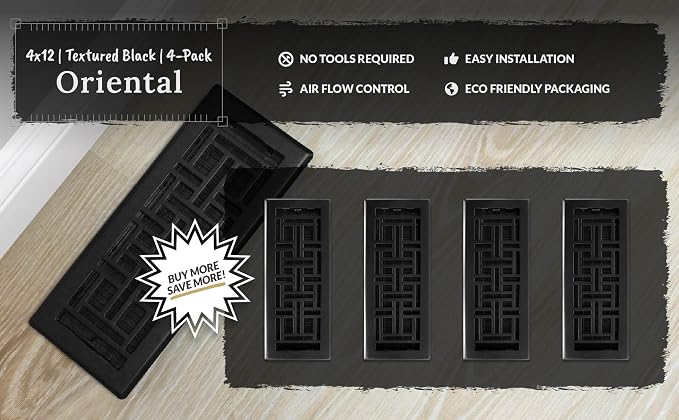 Decor Grates AJH412-BLK Oriental Floor Register, 4x12 Inches, Textured Black - Image 9