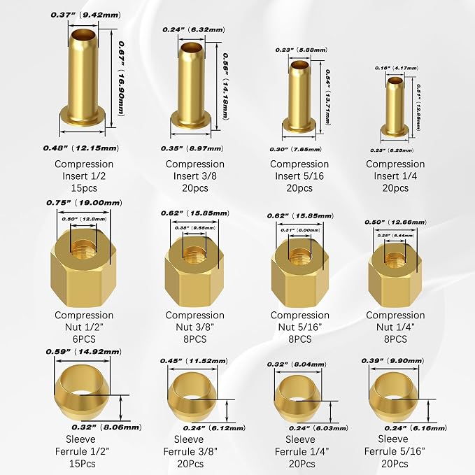 180PCS Brass Compression 1/4" 3/8" 5/16" 1/2" Sleeve Ferrule Insert Nuts | 4 - Image 2