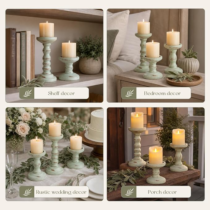 Wood Candle Holder for Pillar, Sage Green Farmhouse Decor | Set of 3, Table - Image 7