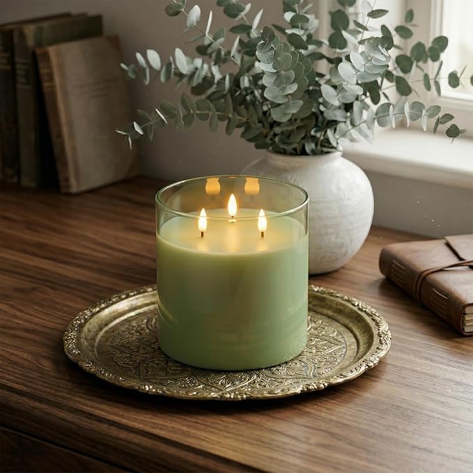 Homemory Sage Green Large Glass Flameless LED Candle, 3 Wicks, Remote Timer | - Image 5