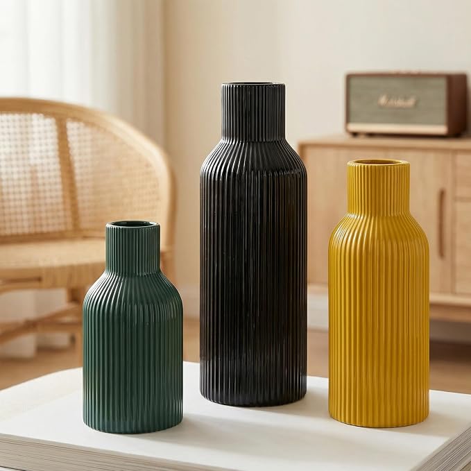 Colorful Ceramic Vases Set of 3, Smooth Vertical Ribbed, Minimalist - Image 5