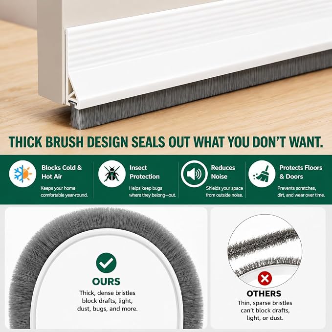 Door Draft Stopper with Brush, 2 Pack | Self Adhesive Weather Stripping - Image 6