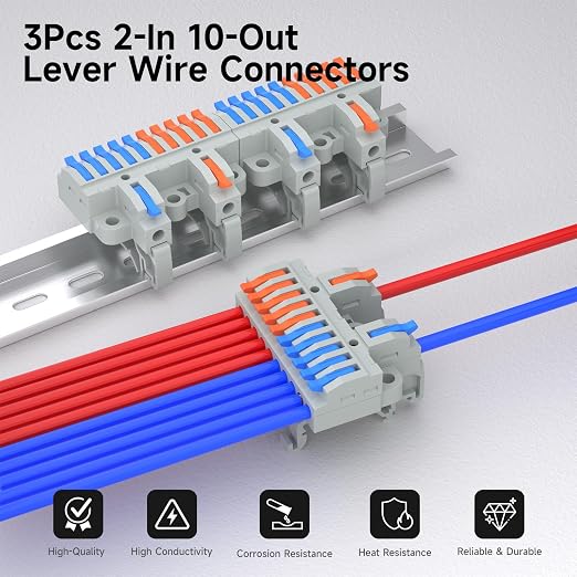 3Pcs Lever Wire Connectors, 2 in 10 Out, 4-2.5 mm² | 4-2.5 mm² Quick Wiring DIN - Image 2