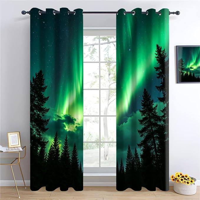 Forest Aurora Curtains for Bedroom Living Room, Coniferous forest silhouette - Image 4