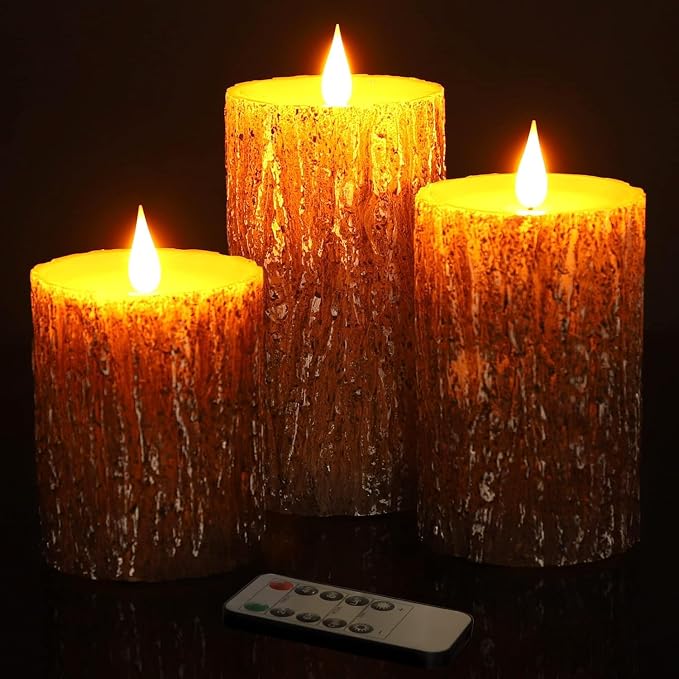 AKU TONPA Pine Bark Effect Flameless Candles Battery Operated Pillar Real Wax - Image 2