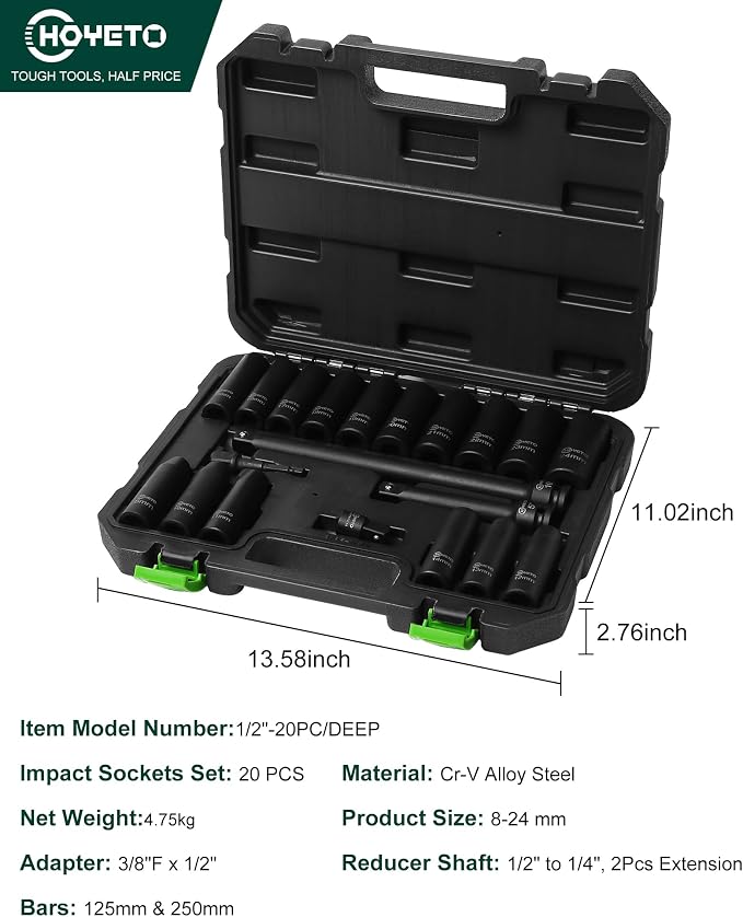 1/2"Drive Deep Impact Socket Set, 20 Piece 1/2 Inch Impact Socket Set Metric - Image 2