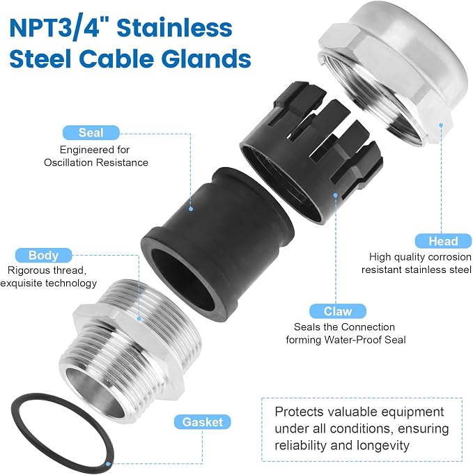 QCG 3/4" NPT Stainless Steel Cable Gland Waterproof IP68, Adjustable - Image 5