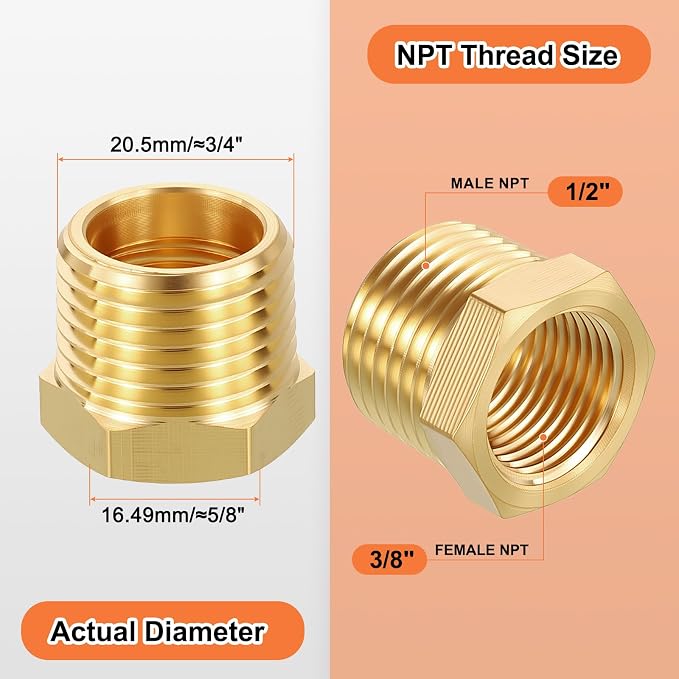 6 Pack Male to FeMale Adapters, 1/2" Male NPT x 3/8" FeMale NPT Brass Hex - Image 2