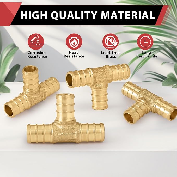 10PC EFIELD Barb Pex 3/4" x 3/4" x 1/2" Reducing Tee Brass Crimp Fittings | - Image 6