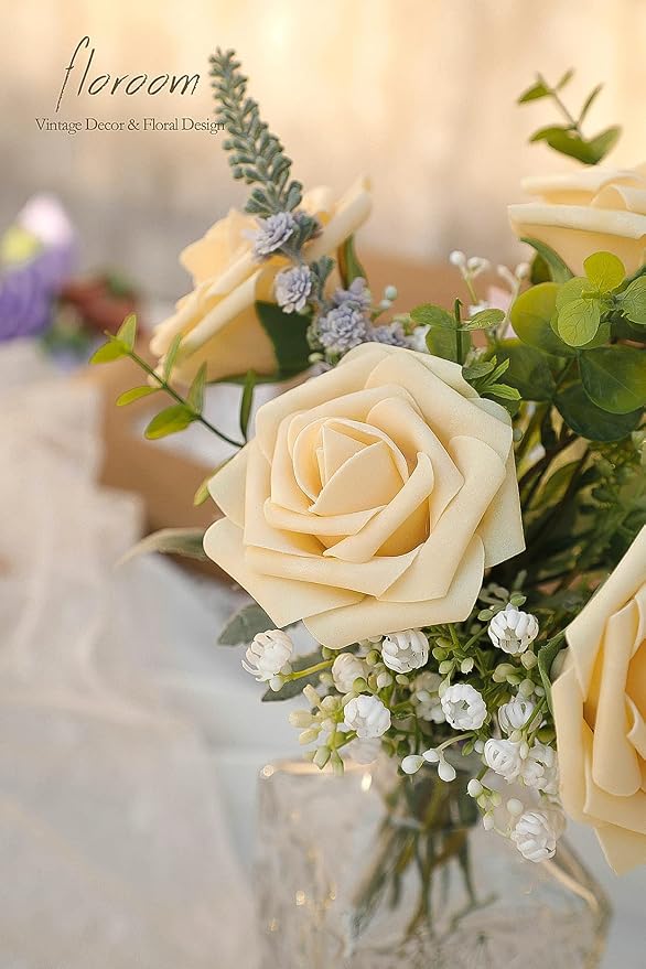 Artificial Flowers 50pcs Real Looking Creamy Yellow Foam Fake Roses - Image 6