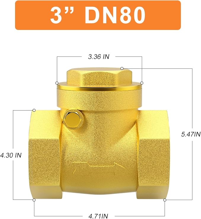 GASHER 1PC Swing Brass Check Valve DN80 3" Female Thread, Backflow Prevention - Image 2