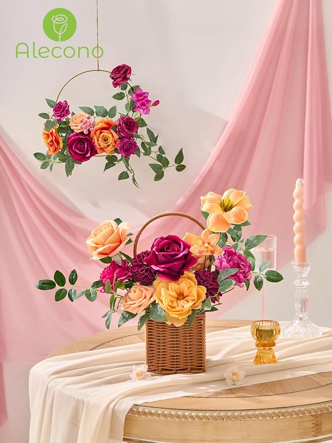 Alecono Hot Pink and Orange Silk Artificial Flowers - Image 4