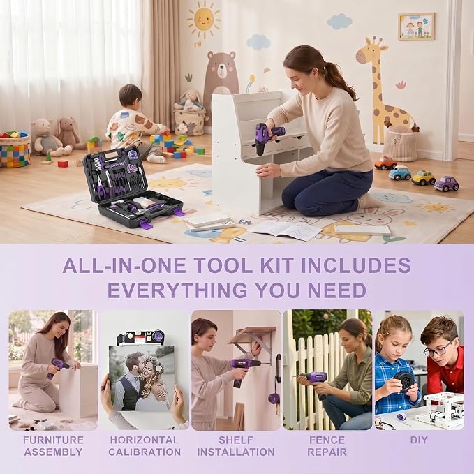8V Purple Cordless Drill Set for Women, Starter Tool Kit - Image 9