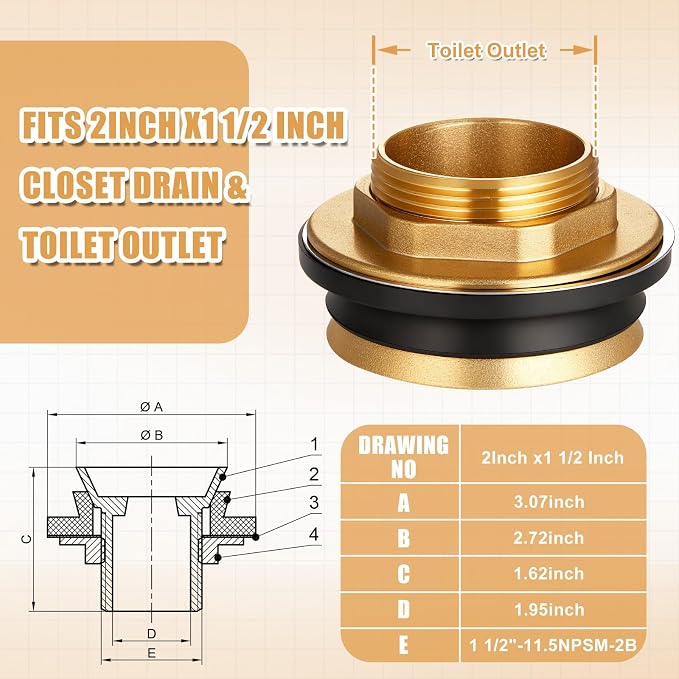 Zonon 3 Pcs 2 Inch x 1-1/2 Inch 100% Brass Closet Spud Urinal Spud Flush Valve - Image 3