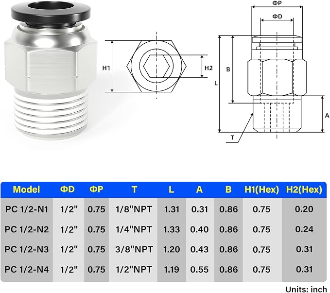 TAILONZ PNEUMATIC Male Straight 1/2 Inch Tube OD x 3/8 Inch NPT Thread Push to - Image 2