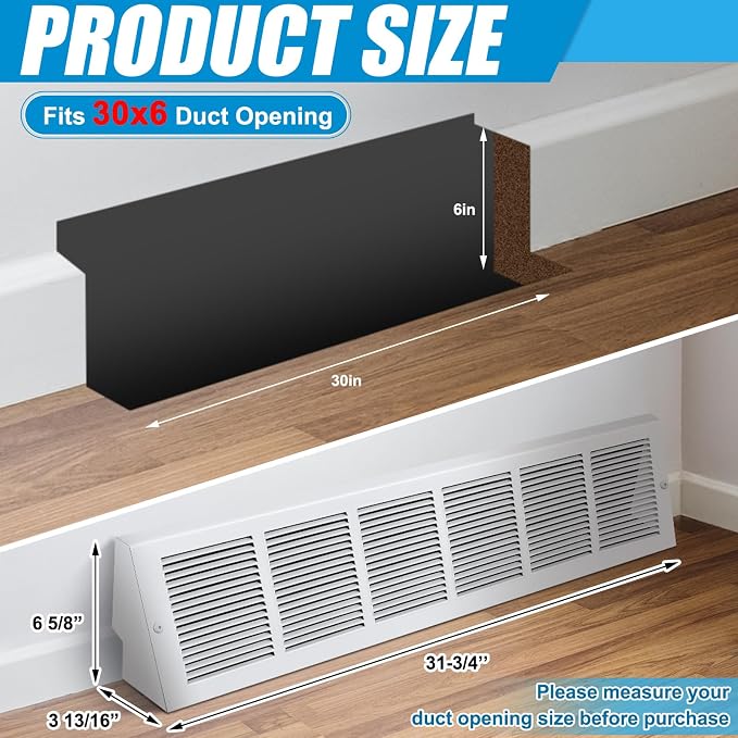 Honeydak 2 Pack Baseboard Register Vent Covers 30" x 6" Duct Opening - Image 2