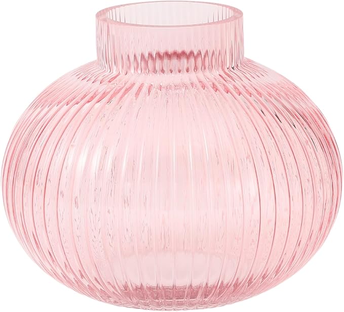 Pink Glass Vase for Tulips, Ribbed Glass Vase for Flowers, Round Flower Vases by YANWE