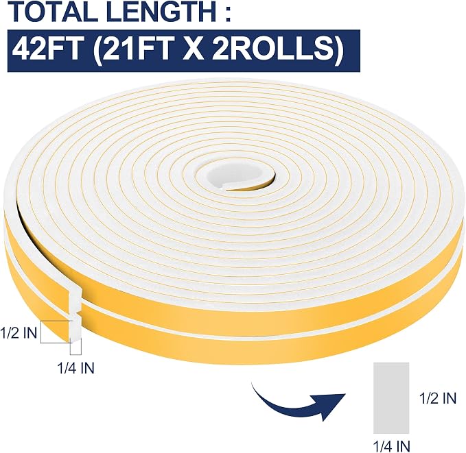 42Ft Foam Tapes Self Adhesive Foam Seal Strips 1/2In x 1/4In x 21Ft Each Roll - Image 2