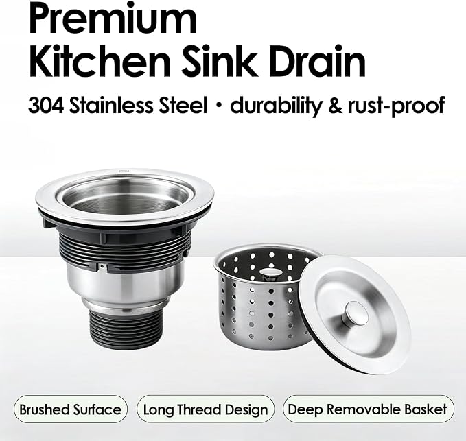 3-1/2-inch Kitchen Sink Drain, 304 Stainless Steel Removable Deep Basket - Image 2