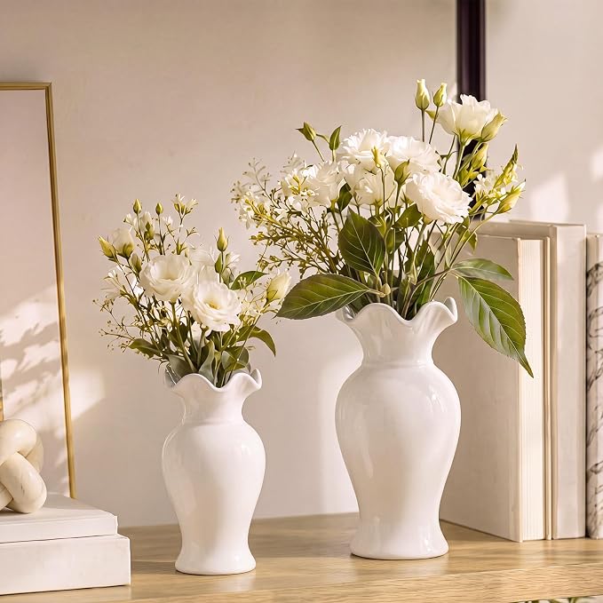 2 Pack White Ceramic Vase Set Small Rustic, Classic | Decorative Flower Vases by Ferrochef
