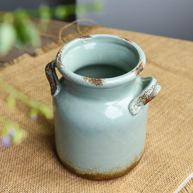 Quoowiit Ceramic Rustic Farmhouse Vase, Distressed Decorative Flower Vases - Image 3