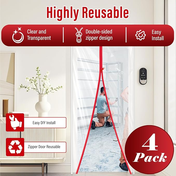 4-Pack Dust Barrier Plastic Zipper Door 4FTx7.2FT Door Dust Protection Kit - Image 2