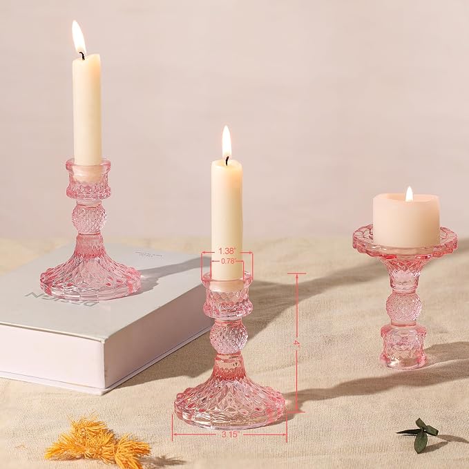 12Pcs Pink Candlestick Holders Set- 4" H Taper Candle Holders Bulk, Glass - Image 2