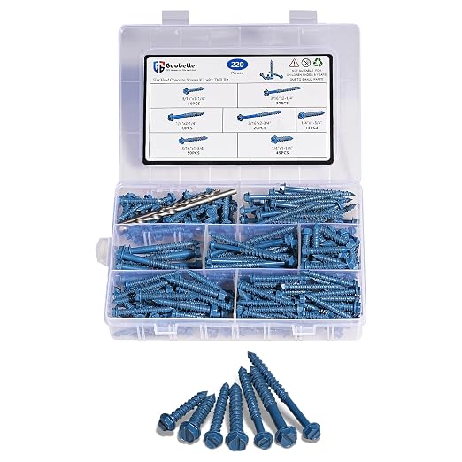 220Pcs 1/4" & 3/16" Hex Concrete Screw & Drill Bit Set, by GOOBETTER