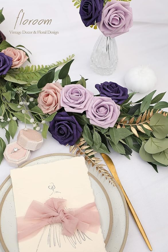 Artificial Flowers 25pcs Real Looking Lilac & Purple Foam Fake Roses - Image 6