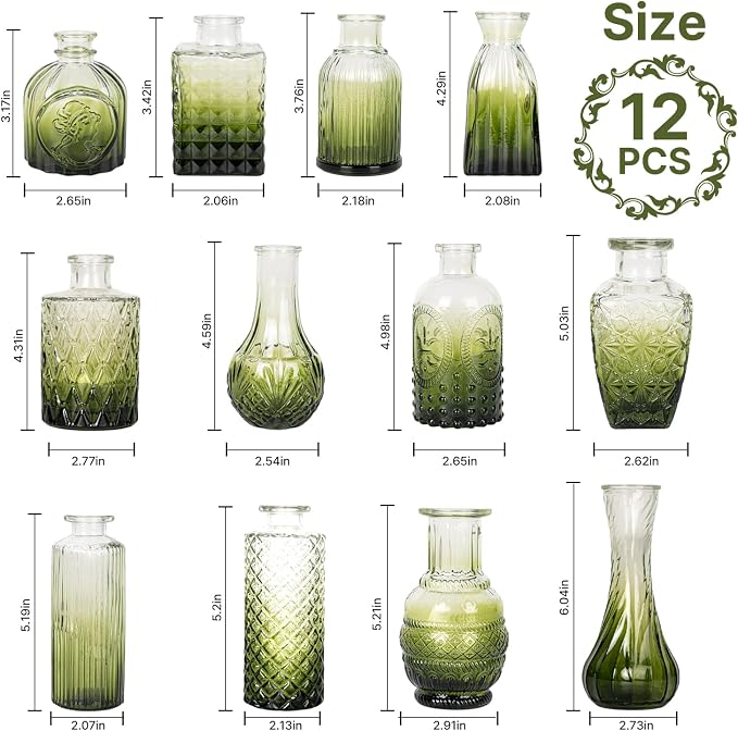 Clear Gradient Green Glass Bud Vase Set of 12 Pcs, Small Bud Vases in Bulk - Image 4