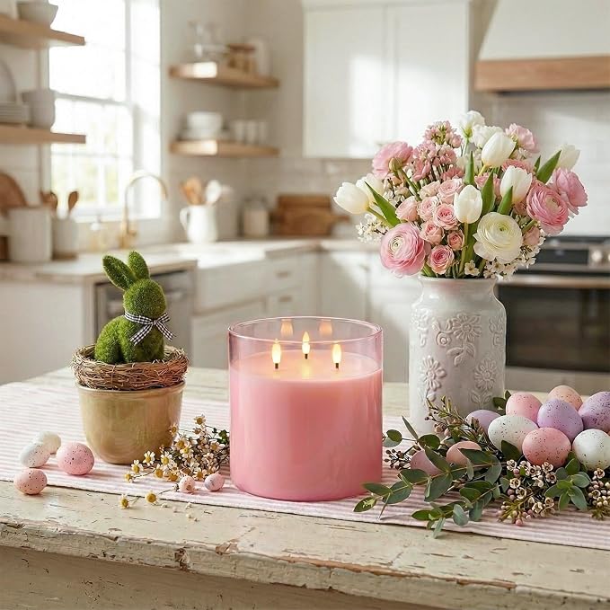 Homemory Pink Large Glass Flameless LED Candle, 3 Wicks, Remote Timer | 6"x6" - Image 6