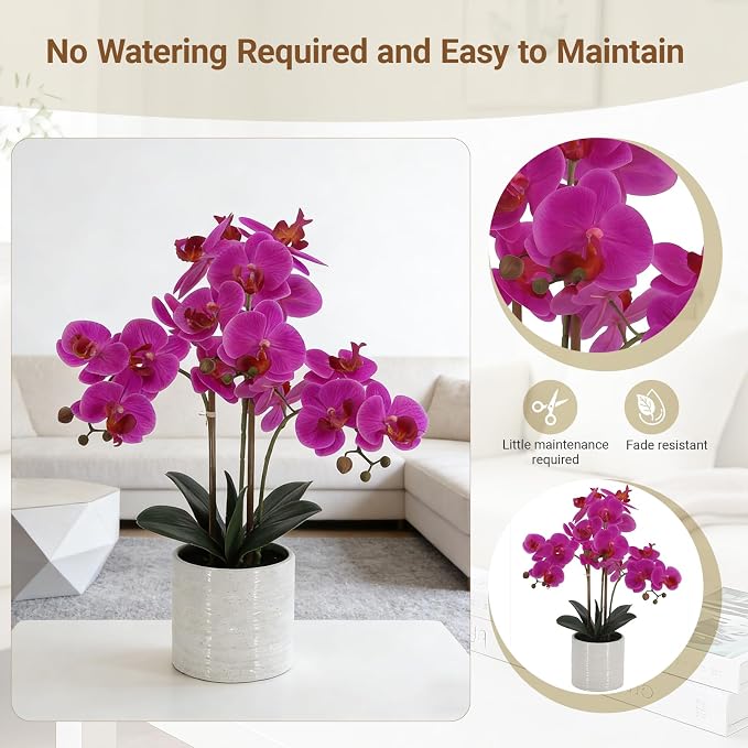 Fake Orchid Plant 23" Tall, Realistic Touch Leaves, Potted Phalaenopsis - Image 4