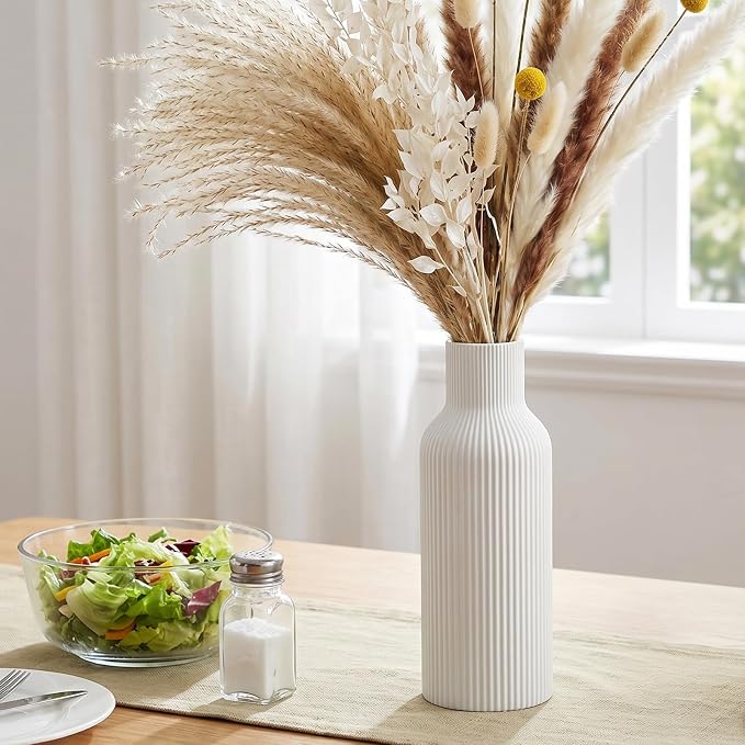 Large White Tall Ceramic Vase, Modern Matte Vertical Ribbed, Nordic Minimalist - Image 6