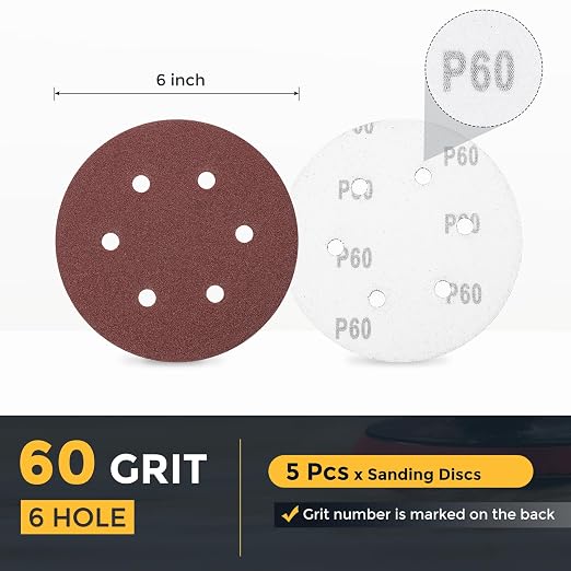 HARFINGTON 5 Pcs 6 Inch Sanding Discs 60 Grit Red Aluminum Oxide 6 Hole | Hook - Image 2