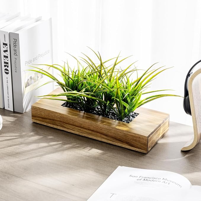 MyGift Large Artificial Green Grass Plants Potted in 14 Inch Premium Acacia - Image 3