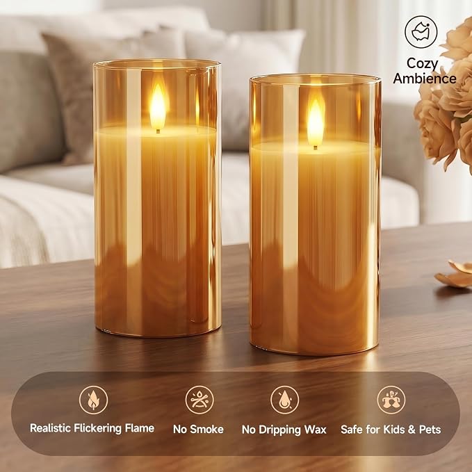 Homemory Amber Glass Flameless Candles, Real Wax, Remote Timer, 2 Pack | D3"xH6" - Image 2