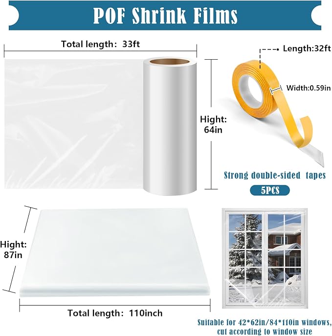 Window Insulation Kit, 63×394" and 87×110" Plastic Window Winterizing | Thicken - Image 2