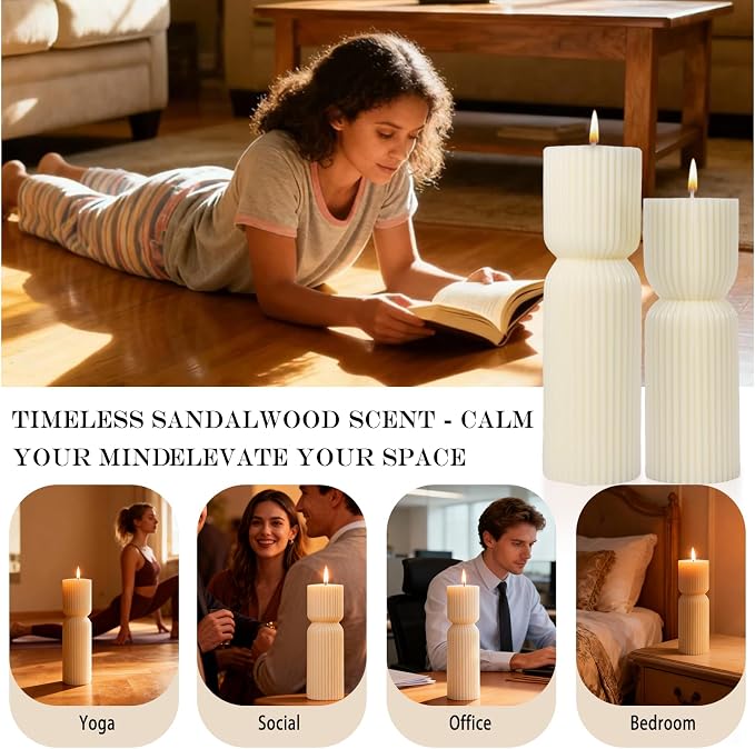 Aesthetic Sandalwood Scented Candles, Ribbed Pillar Candle Set of 2, Natural - Image 7