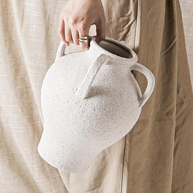 Large White Ceramic Vase with 4 Handles, 10.8 Inch, Rustic Farmhouse | by LETAUCIGARDEN