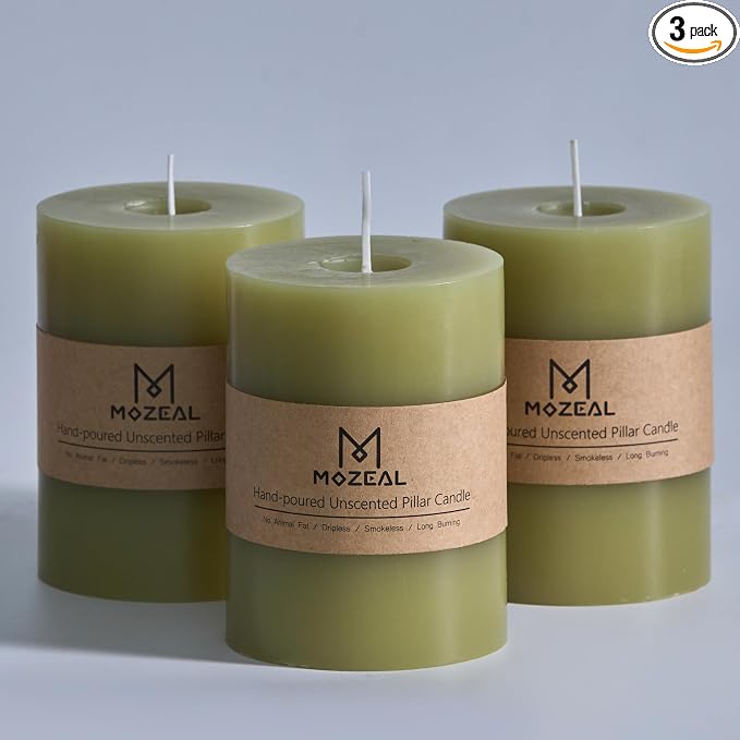 MOZEAL 3" x 4" Hand-Poured Unscented Olive Green Candle, Dripless Moss Green by MOZEAL