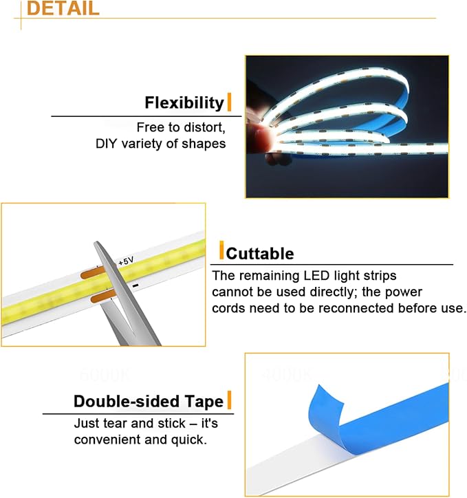 5V USB LED Strip Lights 3.28FT, 3Key COB LED Light Strip White, Short LED Strip - Image 3