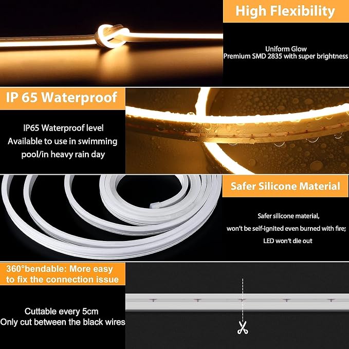 Lamomo LED Neon Lights, 32.8Ft Warm White Dimmable Led Rope Flex, 24V - Image 4