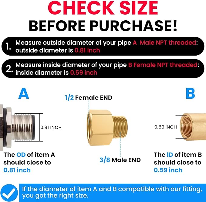 SDTC Tech 2-Pack Brass Pipe Fitting 3/8 NPT Thread Male to 1/2 NPT Thread - Image 3