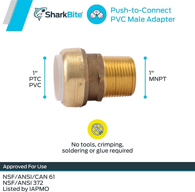SharkBite 1 Inch PVC x 1 Inch MNPT Adapter, Push to Connect Brass Plumbing - Image 5