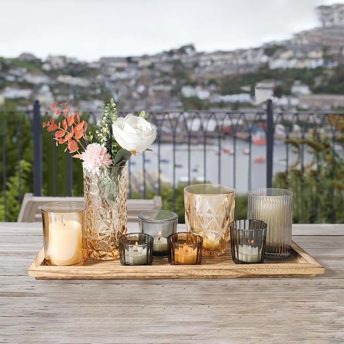 Rustic Wooden Tray with 8 Brown Glass Votive Candle Holders | Decorative Tea - Image 6