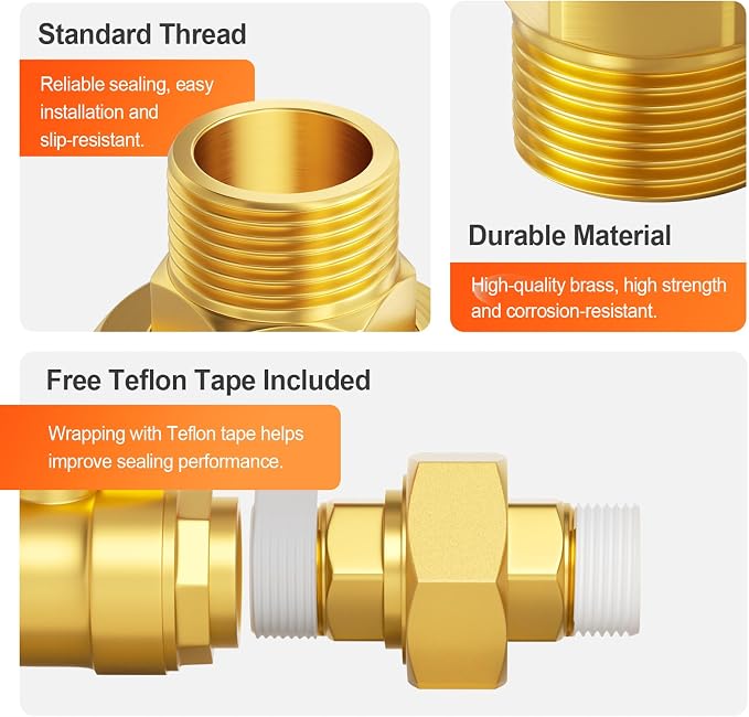 GASHER 5PCS 1/4" MNPT Brass Union Pipe Fitting | 1/4 Inch Male x 1/4 Inch Male - Image 4