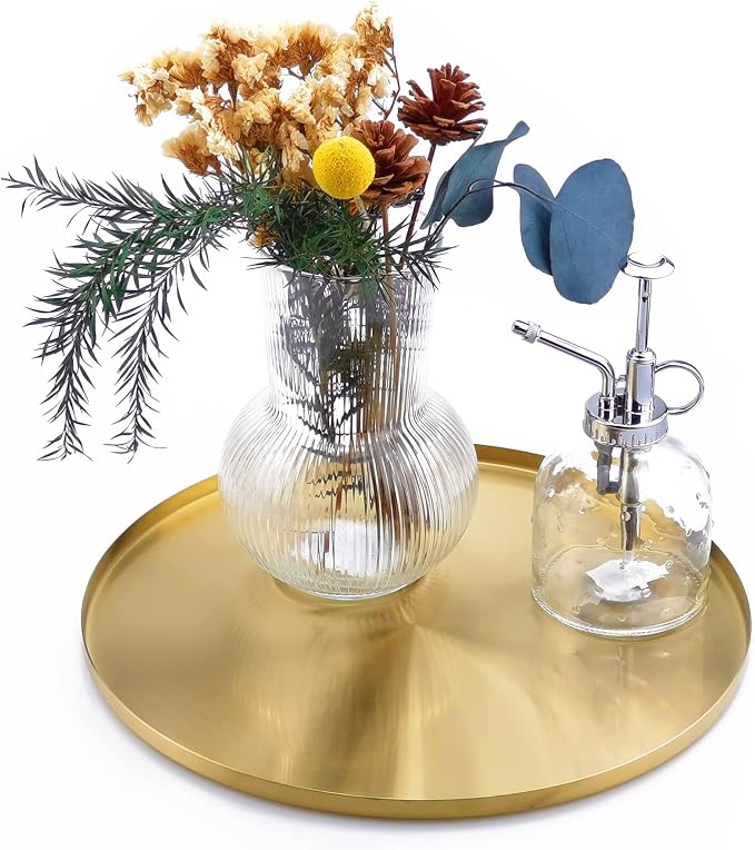 FREELOVE 12 Inch Brushed Gold Round Tray, Stainless Steel Brass Decorative Tray by FREELOVE