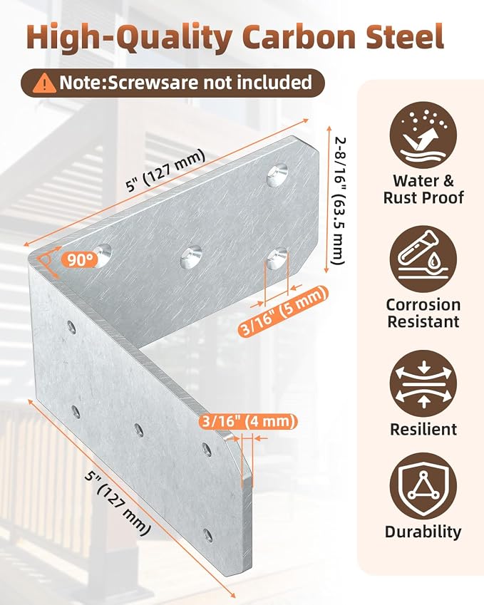 Heavy Duty L Brackets, 5x5 Inch, 300 LBS, Galvanized, 4 Pack | Carbon Steel - Image 2
