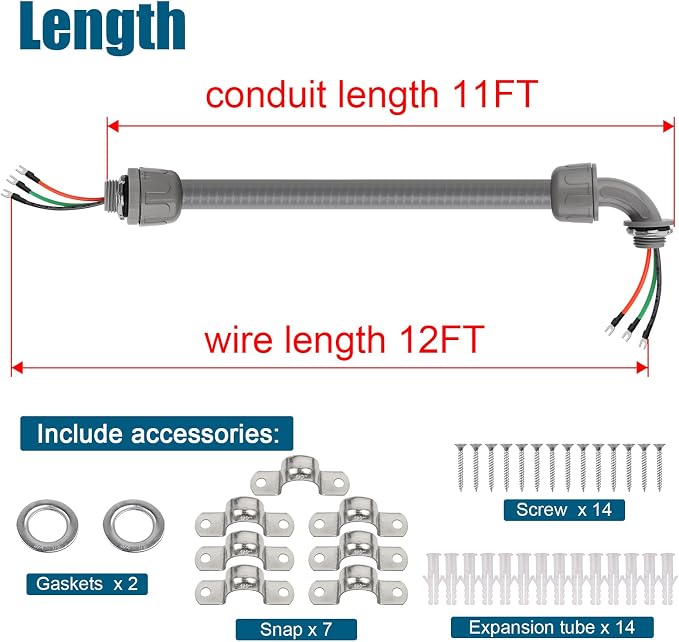 12FT Non-Metallic Liquid-Tight Conduit Kit, 1/2" Pre-Wired Electrical Whip - Image 2