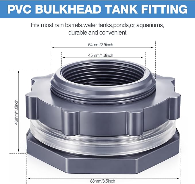 Outus 4 Pieces 1.5 Inch PVC Bulkhead Fitting, Rain Barrel Tank Adapter | - Image 2